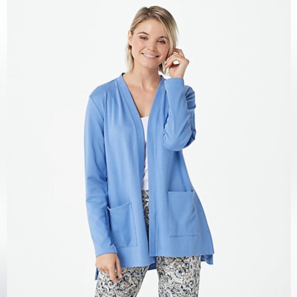 Isaac Mizrahi Live! Essentials Pima Cotton Knit Cardigan in Blue, Size M - Picture 2 of 12